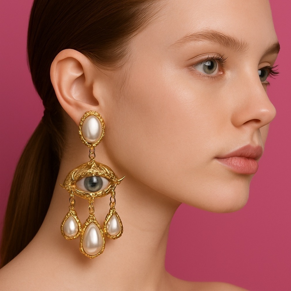 House of She Shia Gold Pearl Eye Statement Earrings NWT